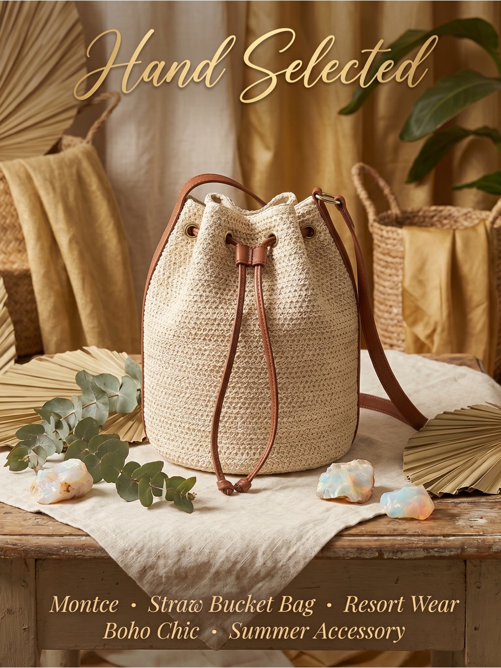 NWOT Montce Woven Straw Bucket Bag - Resort Wear Boho Chic